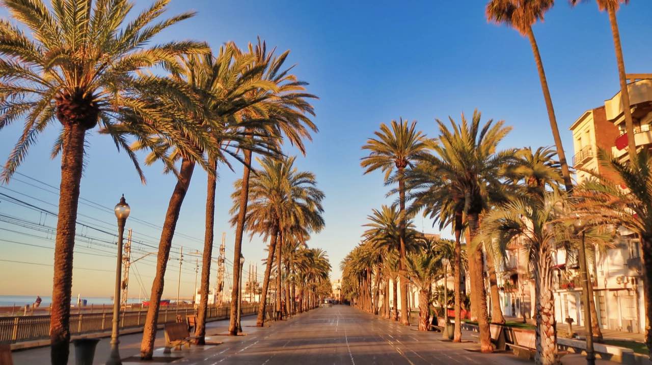 La Rambla de Badalona al atardecer, con palmeras, mar y edificios junto al paseo