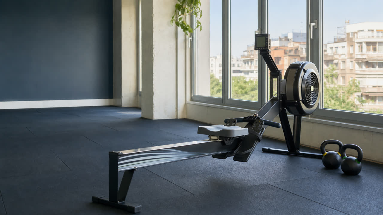 Máquina de remo y pesas en un gimnasio de barrio con luz natural