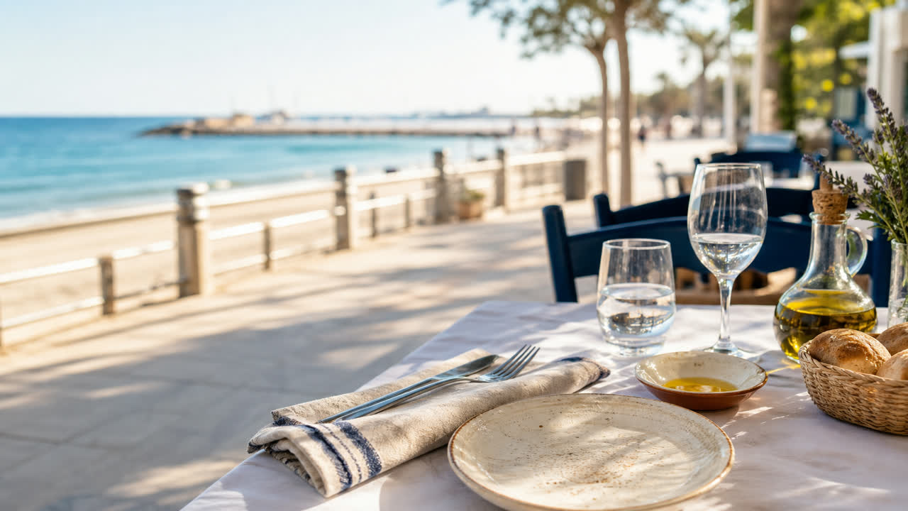 Mesa preparada junto a un paseo marítimo con aceite, pan y vajilla