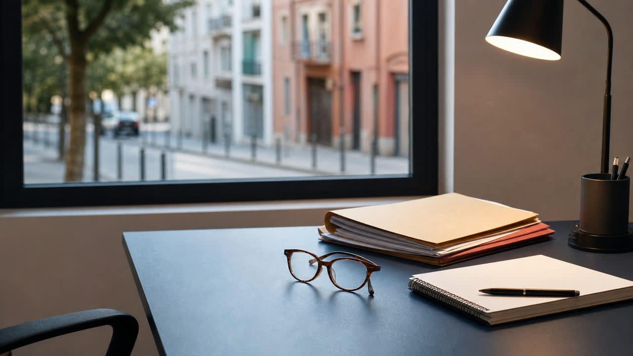 Mesa de oficina local con carpetas, gafas y libreta de trabajo