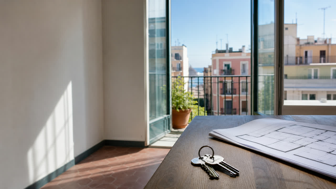 Llaves y plano de una vivienda junto a un balcón abierto a la ciudad