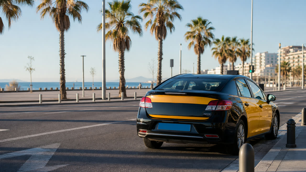 Taxi esperando junto a un paseo marítimo de ambiente mediterráneo